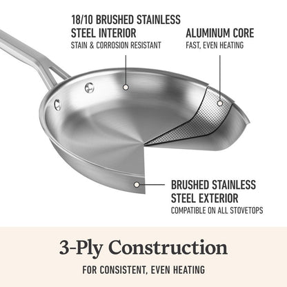 Calphalon Brushed 3-Ply Stainless Steel Cookware w/Turbo Heat Tech 10" Fry Pan, Induction, Oven Safe 450F, Brushed Stainless Silver