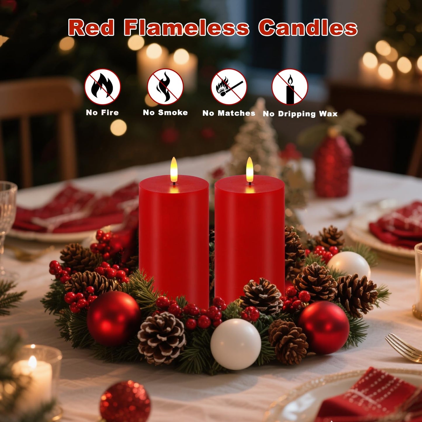 VEEKI Red Flameless Candles, Set of 2 7"x3" Flickering LED Candles with Remote & Timer, Dimmable Real Wax Electric Pillar Candles Battery Operated, Candles Light for Home Christmas Decor (Red)