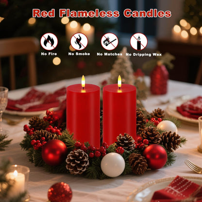 VEEKI Red Flameless Candles, Set of 2 7"x3" Flickering LED Candles with Remote & Timer, Dimmable Real Wax Electric Pillar Candles Battery Operated, Candles Light for Home Christmas Decor (Red)