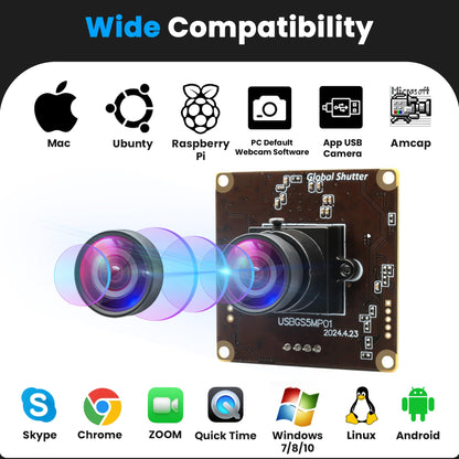 ALPCAM 5MP Global Shutter USB Camera Module, High Speed 60fps 1080P PC Webcam with No Distortion Lens Lightburn Camera, for Computer, Laptop, Android, and Raspberry Pi