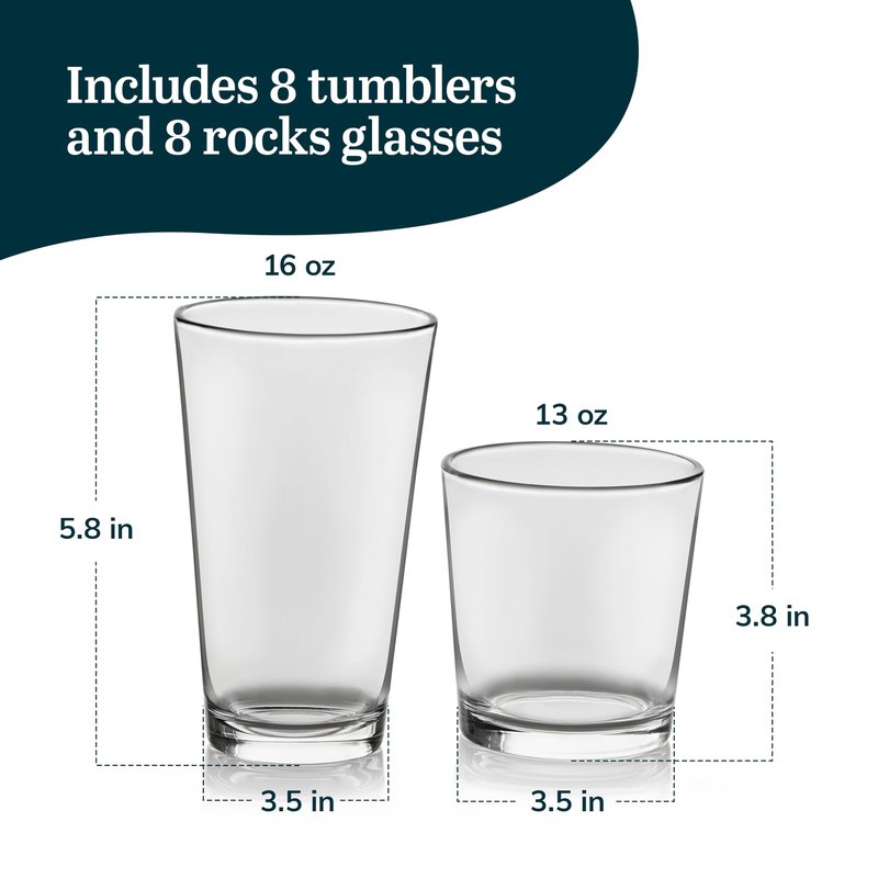 Libbey Flare Rocks, Glass Tumbler Set, Stylish Lead-Free Drinking Glasses Set of 16, Dishwasher-Safe Glass Cups Set for Daily Use and Parties
