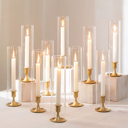Romadedi Hurricane Candlestick Holders Gold - Taper Candle Holders Tall Clear Glass Cylinder for Wedding Table Centerpieces Party Decor Birthday Christmas Home Decorations Set of 2