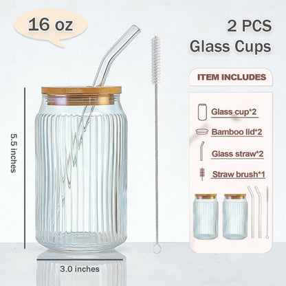 2 PCS Glass cups with Lids and Straws, 16 OZ Iced Coffee Cups, Ribbed Glass Tumbler with Straw and Bamboo Lid, Thick Drinking Beer Glasses for Coffee, Juice, Match Cup with Cleaning Brush (Clear)
