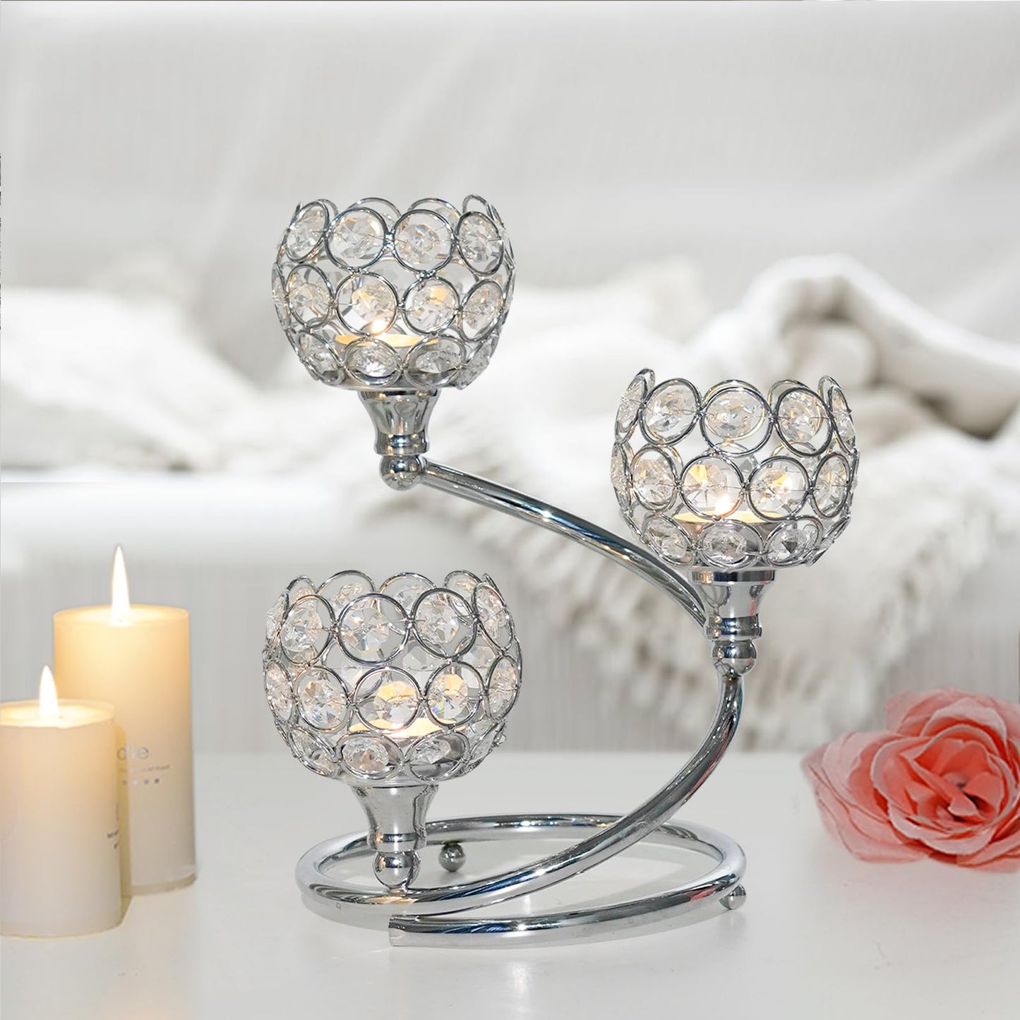 KEHAIL Metal Crystal Candle Holder Set of 2 - Elegant 3-Arm Metal Tea Light Centerpiece with Shining Crystal Bowl, Wedding Anniversary Table Decor for Dining, Party (Silver, 2 Pcs 3 Arm)