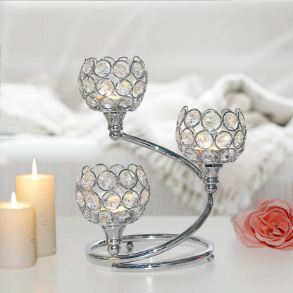 KEHAIL Metal Crystal Candle Holder Set of 2 - Elegant 3-Arm Metal Tea Light Centerpiece with Shining Crystal Bowl, Wedding Anniversary Table Decor for Dining, Party (Silver, 2 Pcs 3 Arm)