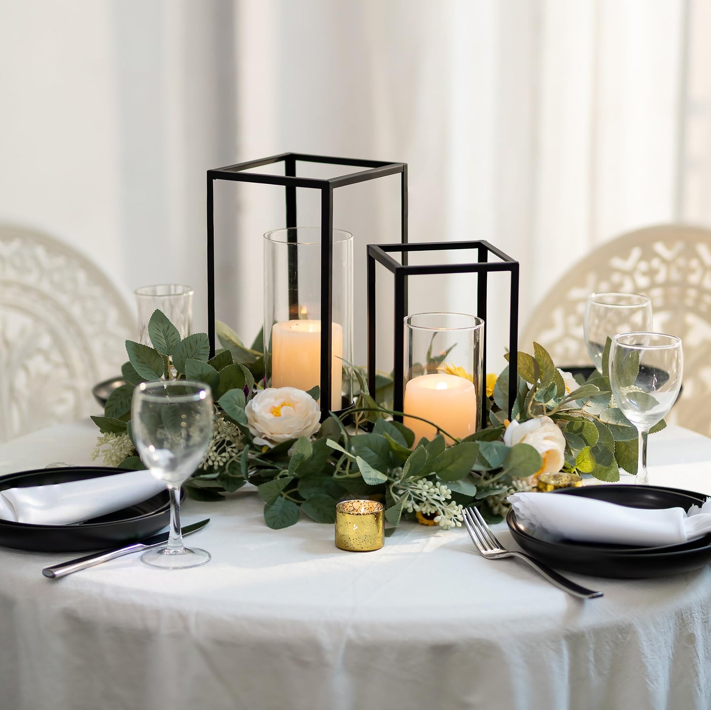 Staymoment Black Lantern Decorative Indoor Set of 2: Glass Metal Hurricane Candle Holder Modern Farmhouse Lanterns Decor Outdoor for Table Centerpiece Fireplace Wedding