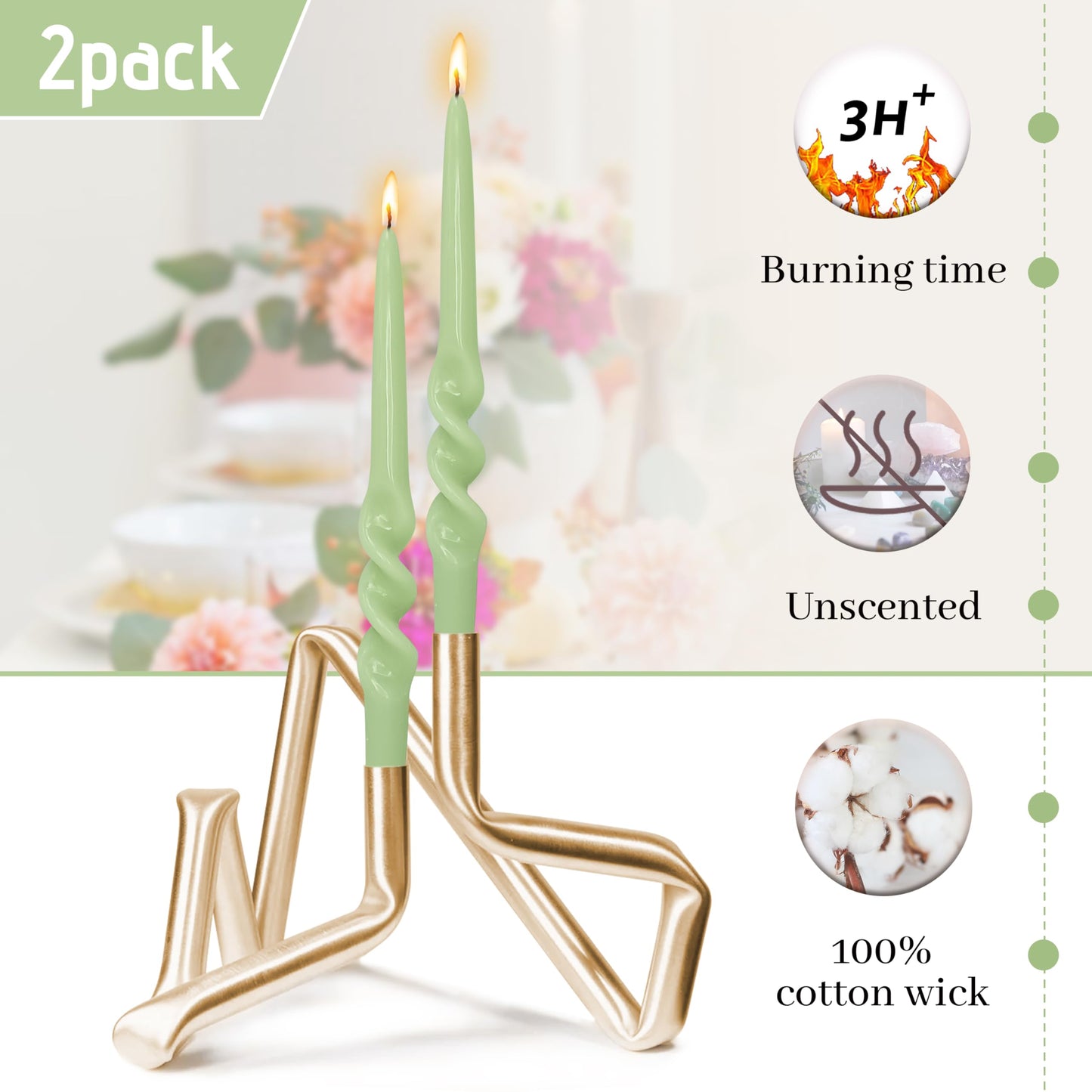 BALEAGCDL Twisted Taper Candle Smokeless Green Spiral Candlesticks 9.5 Inch Unscented Handmade Dinner Candles Set for Holiday Party Seasons Home Decoration 2 Pcs