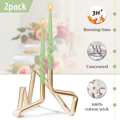 BALEAGCDL Twisted Taper Candle Smokeless Green Spiral Candlesticks 9.5 Inch Unscented Handmade Dinner Candles Set for Holiday Party Seasons Home Decoration 2 Pcs