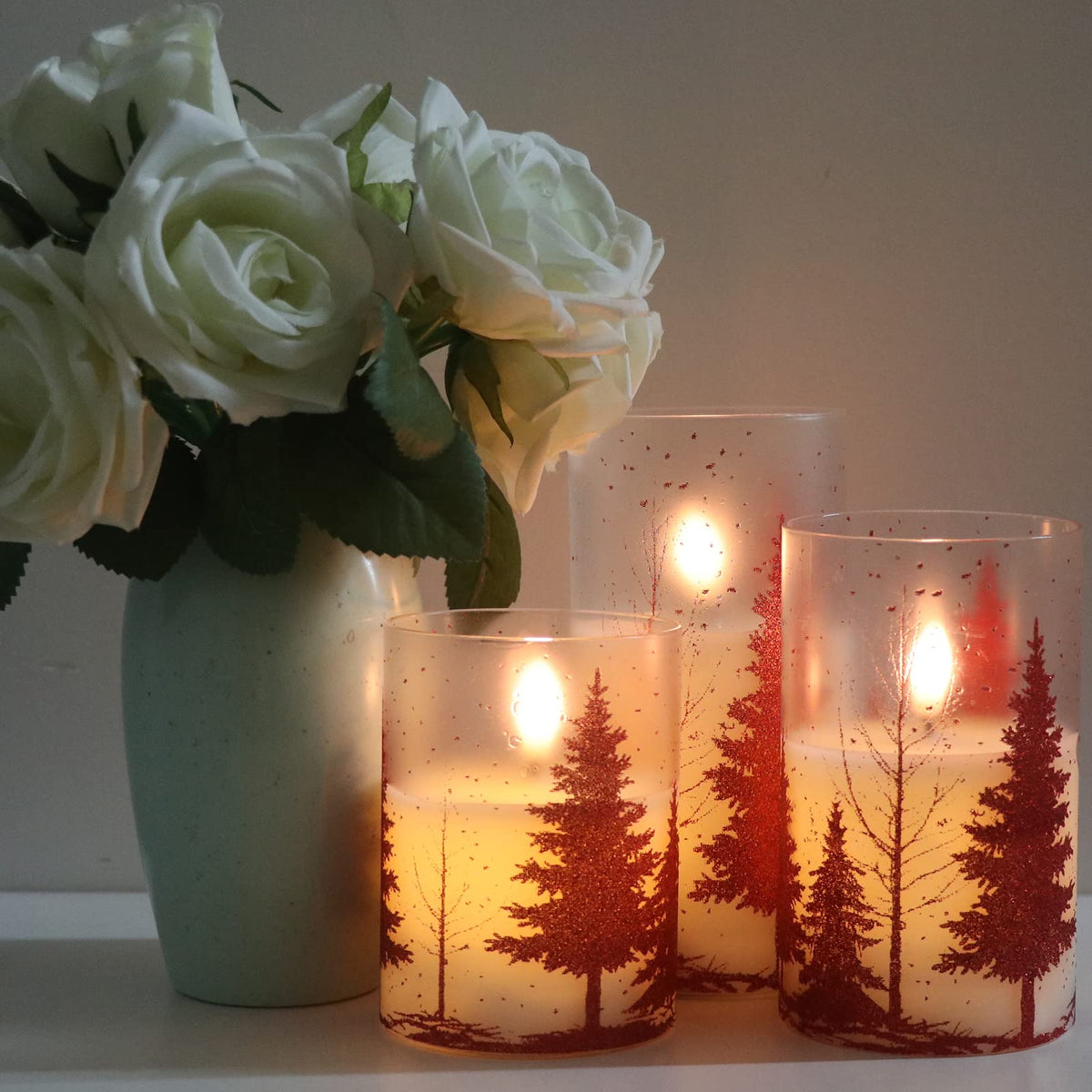 Wondise Glass Flameless Candles with Remote and Timer, Battery Operated Pine Tree Decals Pillar Candles for Home Decoration, Set of 3(D3 x H4/5/6 Inch)