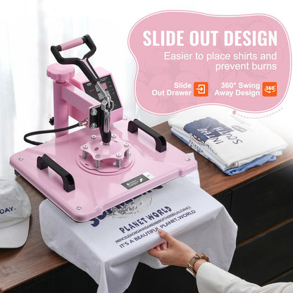 VEVOR Heat Press Machine 5 in 1 Combo with 30 OZ Tumbler Press & Hat Press, Slide Out 12x15 Inch Heat Press Sublimation Machine for T-Shirts, Hats Caps Tumblers Glass Cans Mugs, and Plates (Pink)