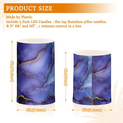zyrtty 2 Pack Plastic Flameless Candles Gold Blue Purple Wild Marble Battery Operated with Remote and Timer Real Wax LED Flickering Pillar Candles Set Window Christmas Holiday Decor