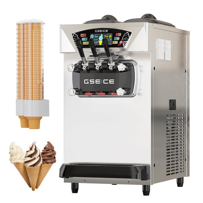 Commercial Ice Cream Maker, 6.8-8.4 Gal/H, 2 * 8L Hopper 110V Countertop Soft Serve Ice Cream Machine, 3 Flavors Puffing Alarm Pre-Cooling For Shops Cafes Dessert Stores, Auto Clean & Touch Screen