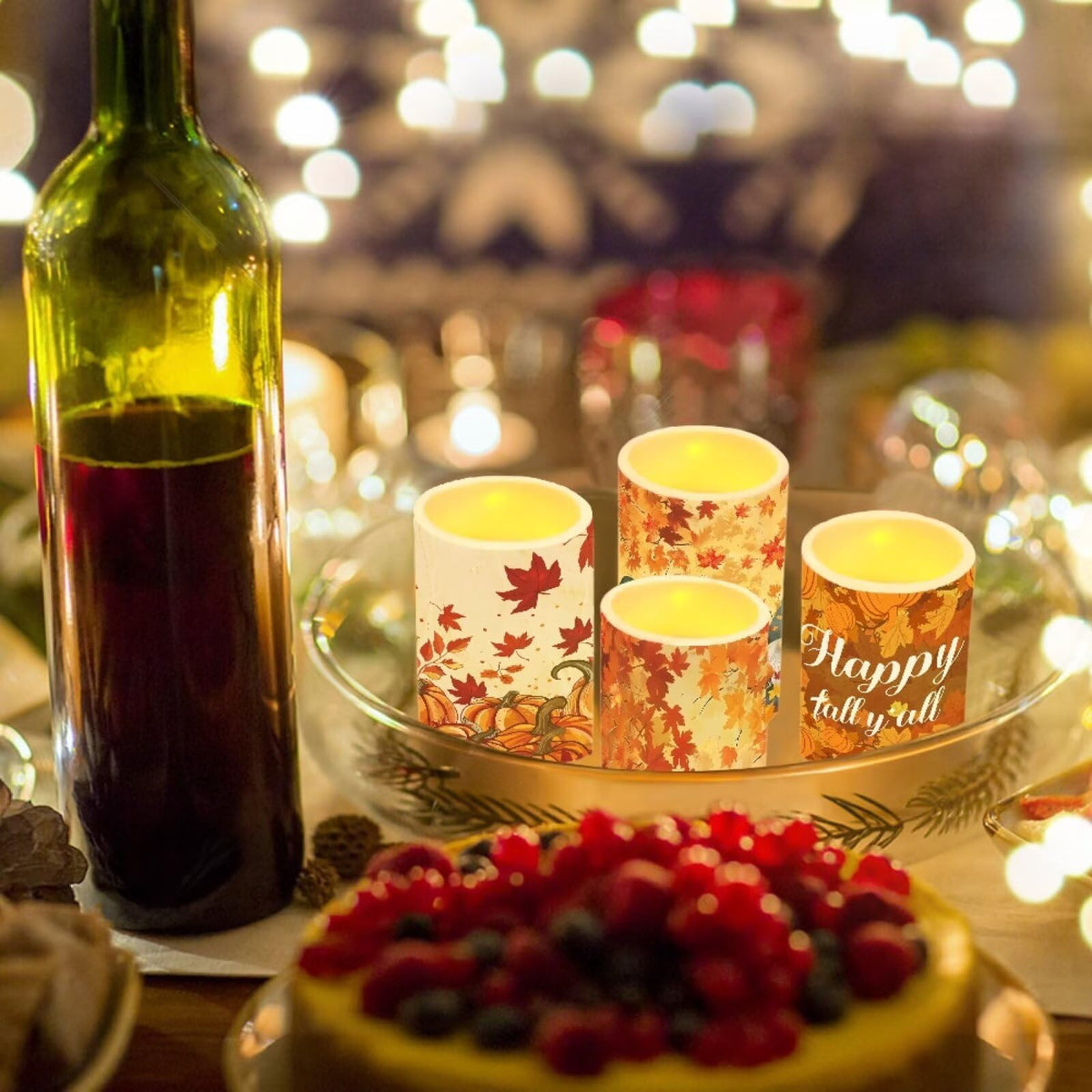 Merkmak 4 Pack Happy Fall Maple Leaves Flickering Flamless Candles with Remote LED Battery Operated Elictric Pillar Candles with Timer Control for Thanksgiving Party Decorations