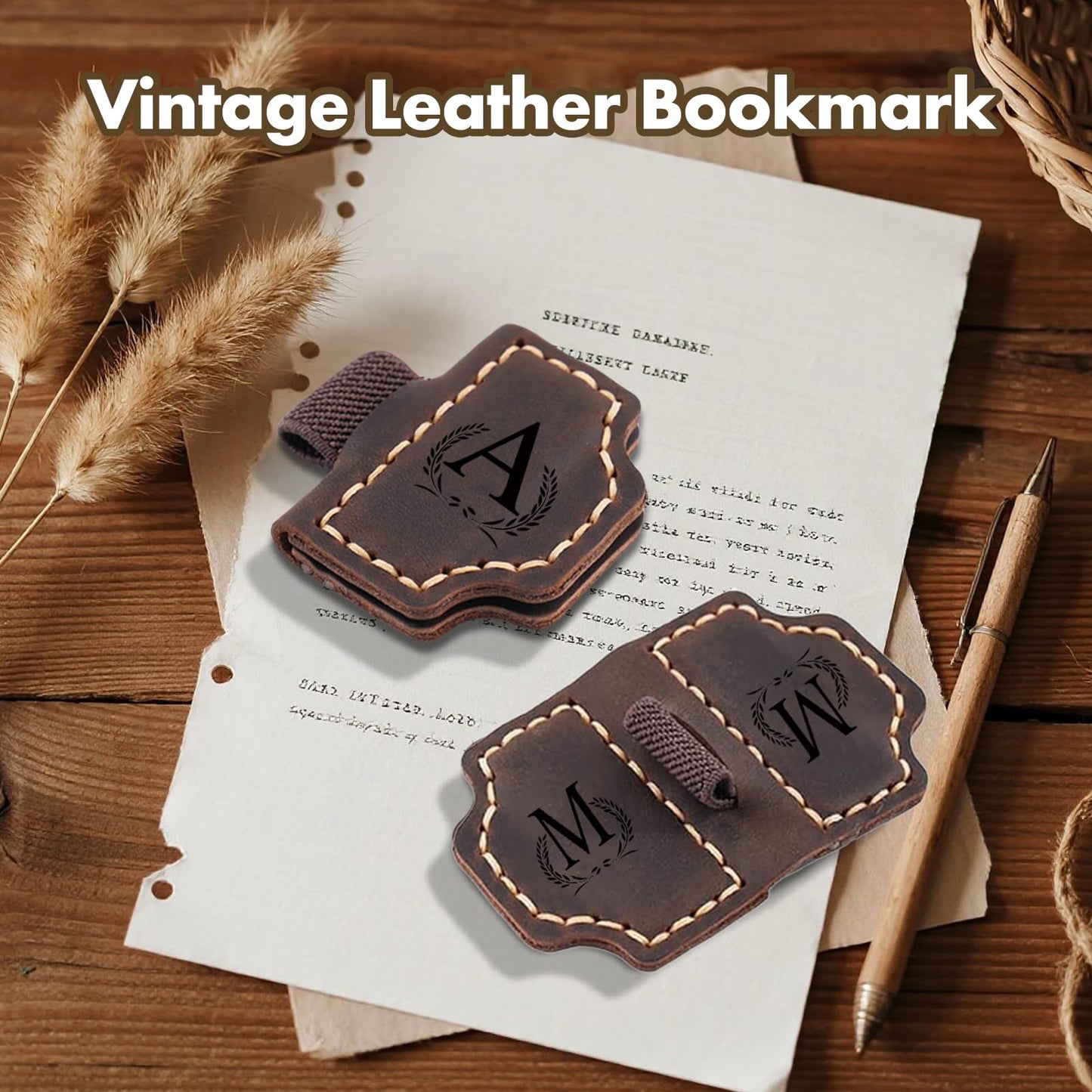 Custom Bygone Mark Bookmark with Pen Holder, 26 Letters Name Initial Personalized Magnetic Leather Bookmark, Gifts for Book Lovers, Readers, Travelers, Leather Book Marks (Blackish Green, H)