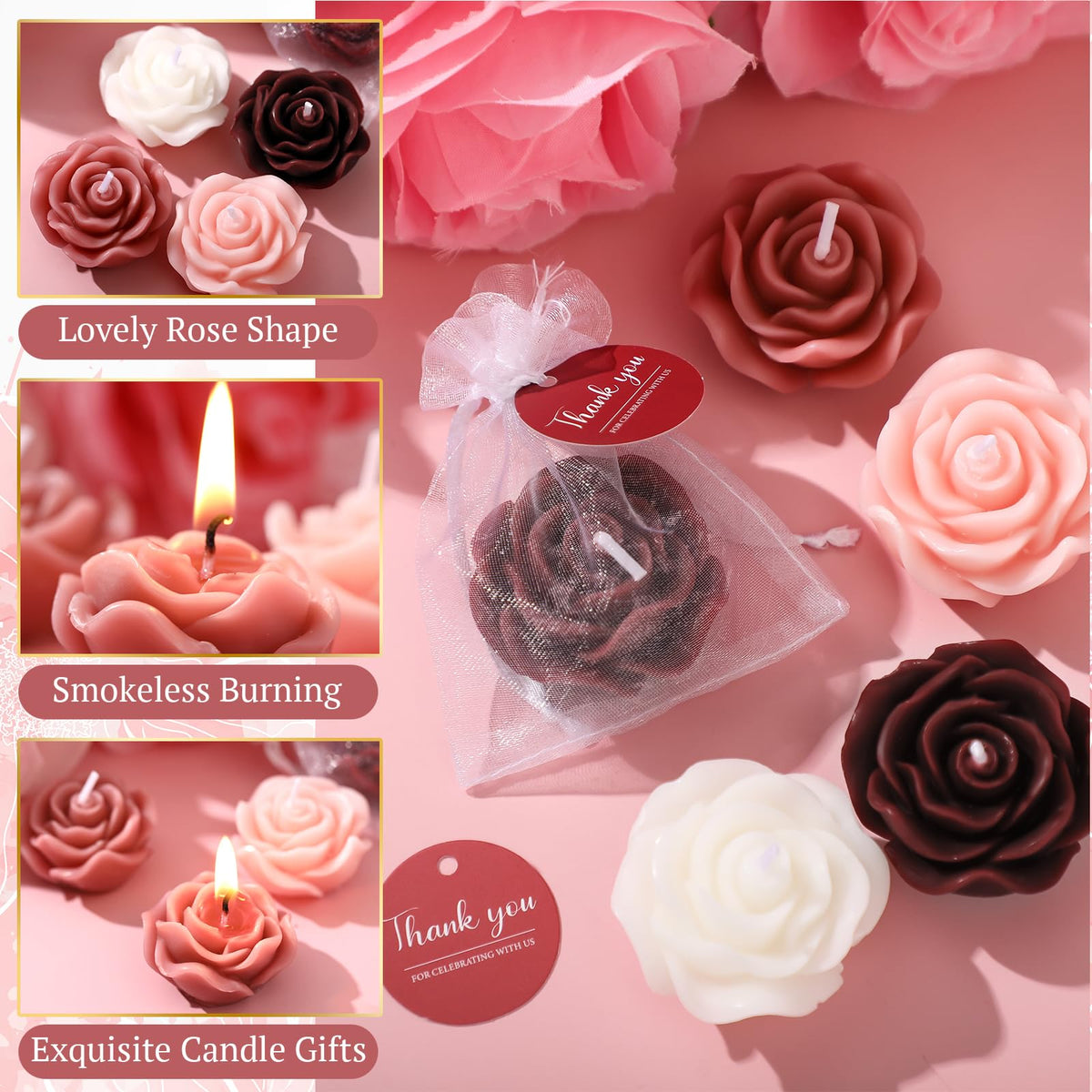 Treela 24 Setflower Candles Wedding Favor for Guests Mini Burgundy Rose Shaped Tealight Candles for Return Gift Wedding Birthday Bridal Shower Housewarming Party