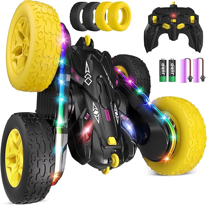 Remote Control CarRC Cars with Sides Light Strip and HeadlightsDouble Sided 360 Flips Rotating RC Stunt Car2.4Ghz All Terrain Toys for Ages 4-8 Kids Toy for Boys Birthday Gift(Black)