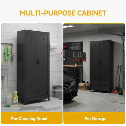 DWVO Metal Garage Storage Cabinet with Pegboard, 71" Tall Broom Cabinet with Lights, Adjustable Shelves, Heavy Duty Tool Storage Cabinet for Garage, Cleaning Room, Gym