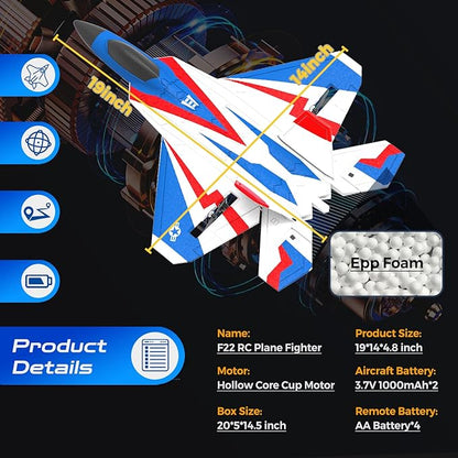 RC Airplane 4 Channel with Lights | F22 RC Plane with 6-axis Gyro Stabilizer for Beginner Remote Control Airplane for Adults 37mins Flight Time - 19in*14in
