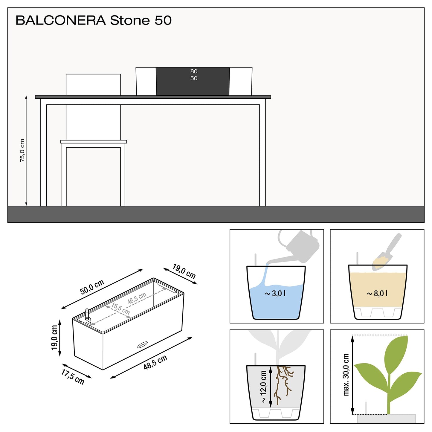 Lechuza 15651 Balconera Stone 50 Self-Watering Garden Planter for Indoor and Outdoor Use, 20" x 7" x 7", Sandy Beige