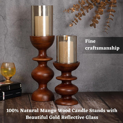 Dreamy Walls Wood Candle Holders, Set of 2 (Two Sizes) - Farmhouse Boho Pillar Candle Stands with Glass Covers, Handmade Wood Table Centerpiece Decor