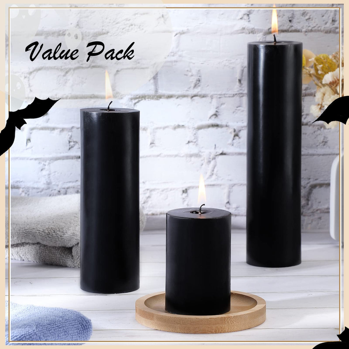 Lounsweer 12 Pcs Pillar Candles Bulk for Wedding Unscented Pillar Candles 3 Set 2 x 3/6/8 Inch Multi Size for Weddings Engagement Spa Home Party Events Ceremony(Black)