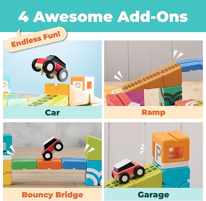 QBI Magnetic Building Blocks Car Track Set 46PCS STEM Learning Toys for Kids Ages 4-8 Sensory Magnetic Blocks with 2 Push-and-go Cars | Educational Montessori Magnet Cubes for Boys &amp Girls