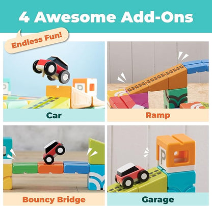 QBI Magnetic Building Blocks Car Track Set 46PCS STEM Learning Toys for Kids Ages 4-8 Sensory Magnetic Blocks with 2 Push-and-go Cars | Educational Montessori Magnet Cubes for Boys &amp Girls