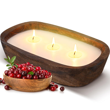Threlaco 1 Pack 10 Inch Wood Dough Bowl Candles Home Rustic Dough Bowl Soy Candle 3 Wick Scented Candles Gifts for Men Women Farmhouse Table Centerpiece Home Decor for Christmas(Cranberry)