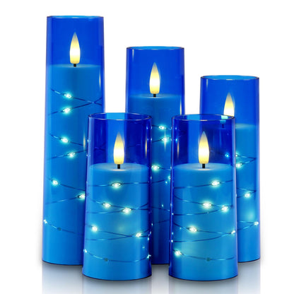 Raycare Independence Day Flameless Candle with Remote Timer – 5 Flickering Acrylic Battery Operated LED Pillar Candles with Embedded Star String for 4th of July Home Patriotic Decor, as a Gift (Blue)