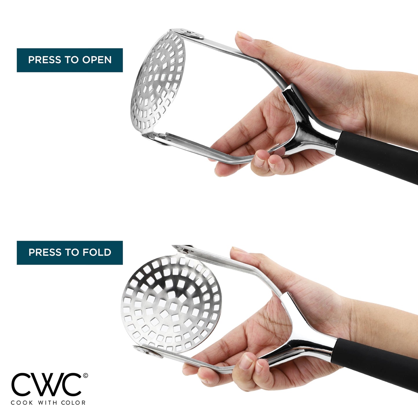 Cook With Color Hand Held Potato Masher - Professional Stainless Steel with Soft Comfort Handles Food Masher, Collapsible