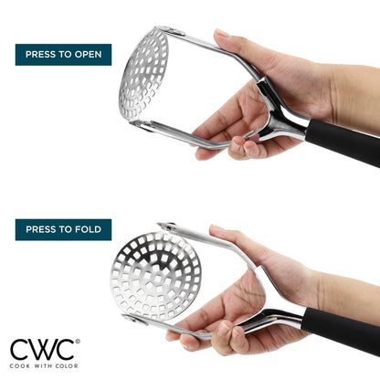 Cook With Color Hand Held Potato Masher - Professional Stainless Steel with Soft Comfort Handles Food Masher, Collapsible