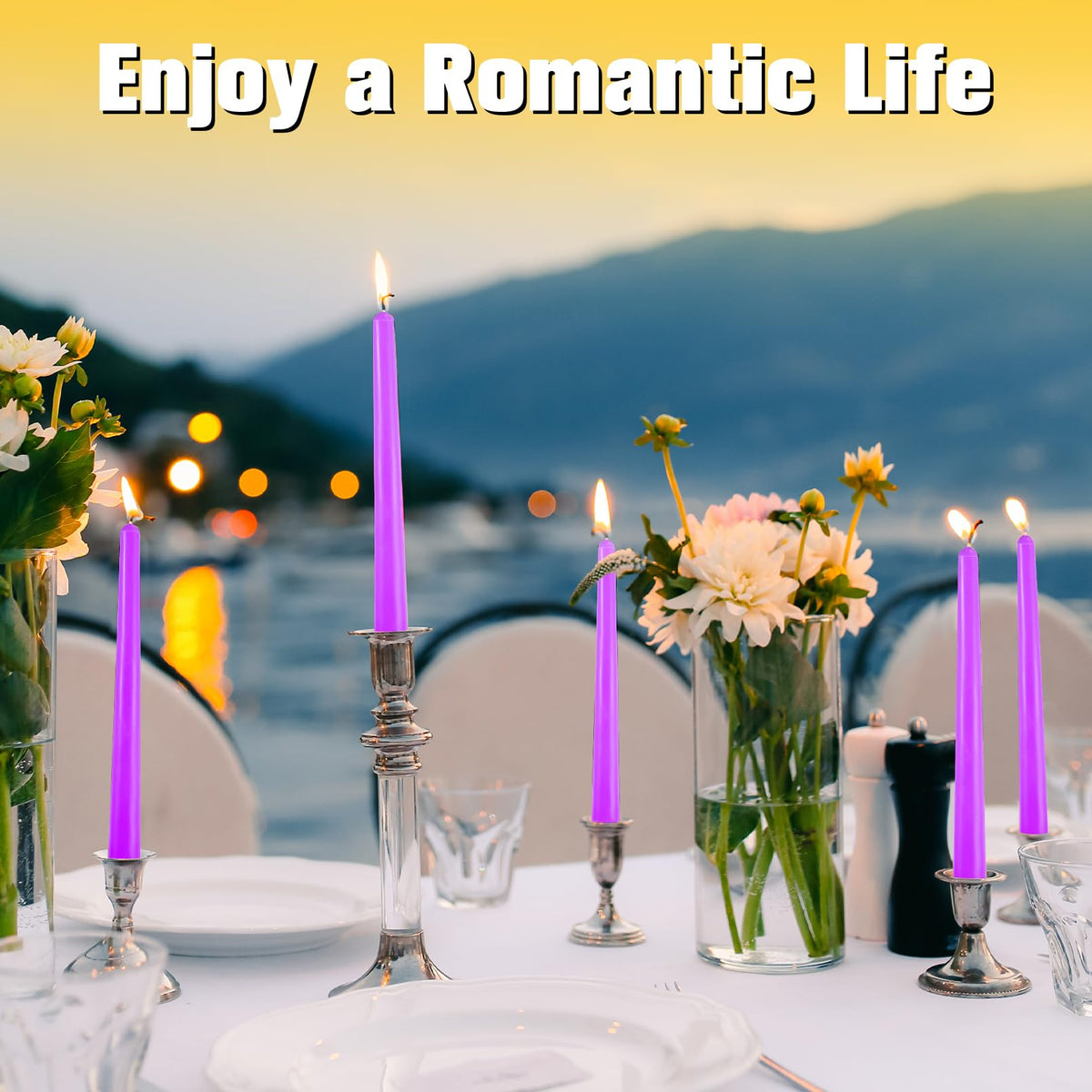 IJRPLM 24 Pack Taper Candles, 10 Inch Purple Tapered Candles, Tall Candlesticks, 10 Hour Burn Tim, Unscented, Smokeless and Dripless, Candle Sticks for Wedding Dinner Parties Home Decor