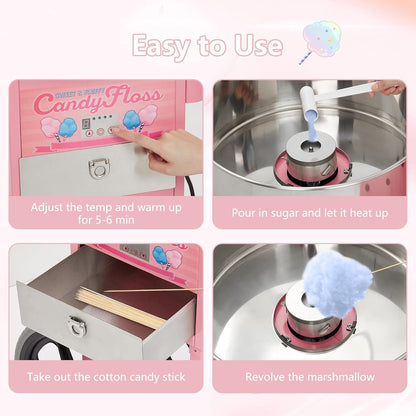 Electric Candy Cotton Machine With 20 in Stainless Steel Bowl,Cotton- Candy Maker Machine for Kids With Cart,Nostalgia Candy Cart Commercial For Party, Home,Festival,Amusement Park,Carnival,Pinks
