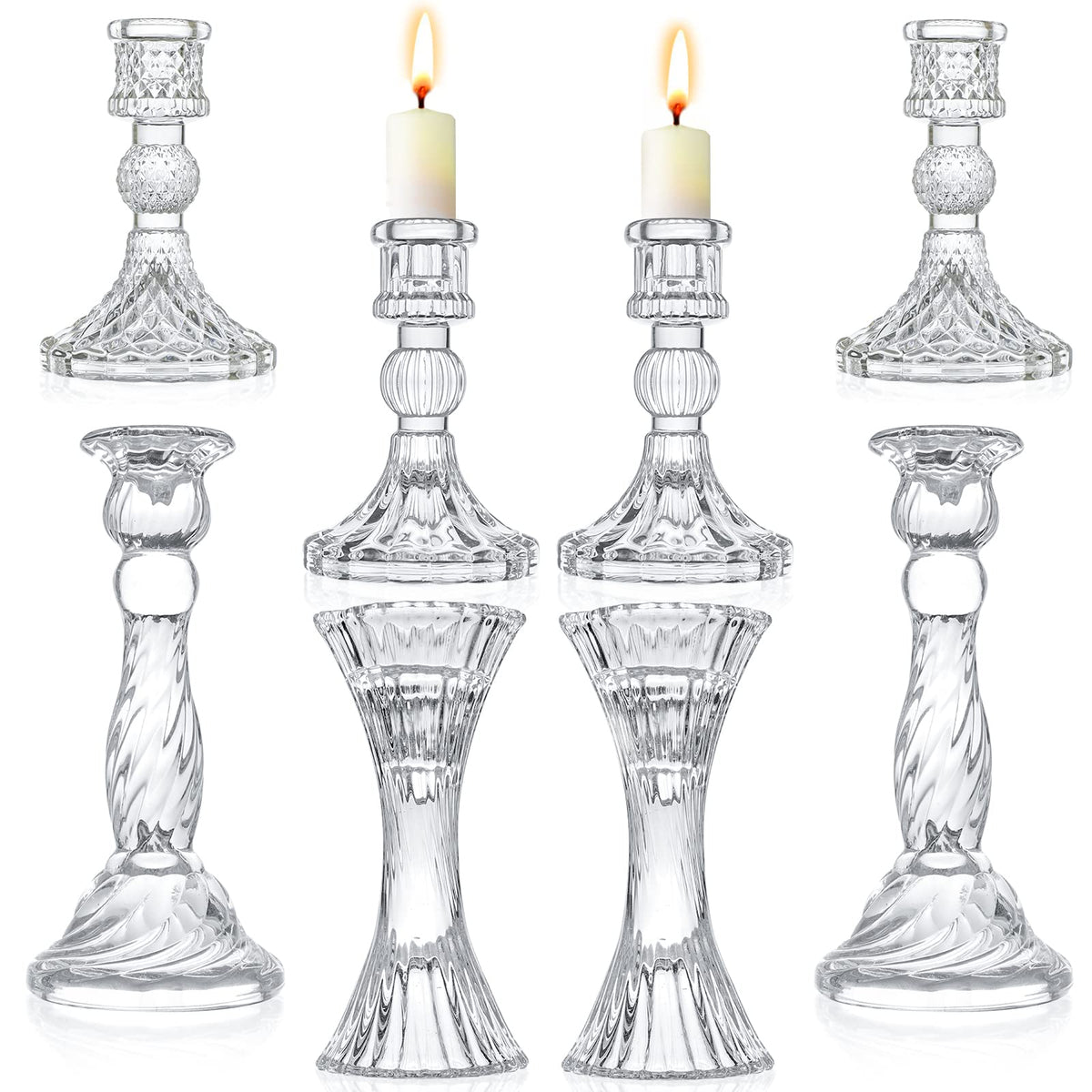 Glass Candlestick Holders - Set of 8 Clear Taper Candlestick Glasses,Crystal Candle,for All Formal Events,Candlelight Dinner,Wedding, Dinning, Party,Home Decoration