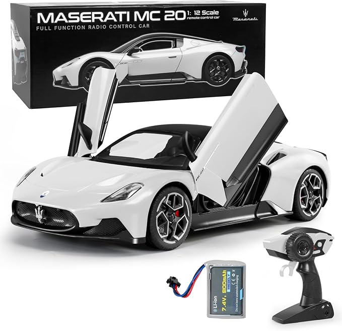 MIEBELY Maserati Remote Control Car Openable Door 1:12 Scale Rc Toy Car 7.4V 900mAh Licensed 12Km/h Fast Rc Cars with Led Light 2.4Ghz Model Car for Adults Boys Girls Birthday Ideas Gift (White)