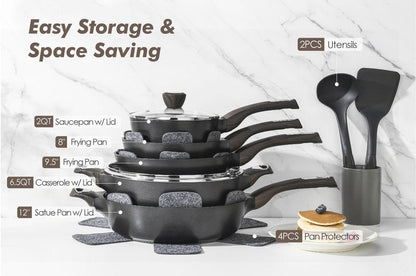 SENSARTE Pots and Pans Set Non stick, Non toxic Healthy Induction Cookware Sets, 14 Pcs Non Stick Kitchen Cooking Set with Frying Pans Set & Saucepan, PFOA PFOS Free, Black