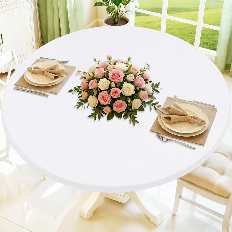 Moosfor Round Spandex Tablecloth, Elastic Fitted Waterproof Tablecloths for 18"-24" Tables, Stretch Washable Picnic Table Cover for Camping, Dining, Indoor and Outdoor, White