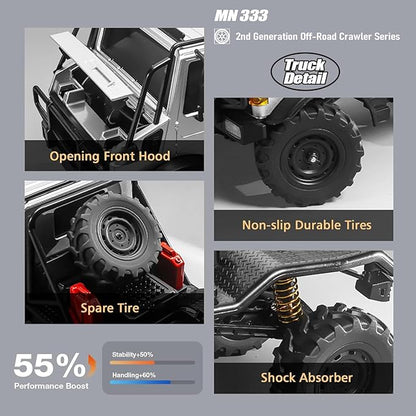 RC Truck 1/18 RC Semi-Trucks MN-333 Unimog Off-Road Rock Crawler 4WD Remove Control Truck RTR Transport Car Alloy Model for Modification Enthusiasts Gifts (Silver)