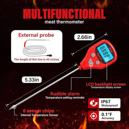 AWLKIM Digital Meat Thermometer - Rechargeable Instant Read with 40-Inch Probe | IP67 Waterproof, Audible Alarm