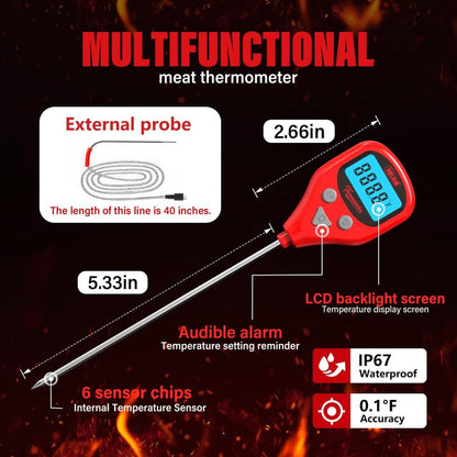 AWLKIM Digital Meat Thermometer with 40-Inch Leave-in External Probe, Rechargeable Instant Read Food Thermometer for Grill BBQ Smoker Oven Kitchen, IP67 Waterproof, Audible Alarm & Hold Function