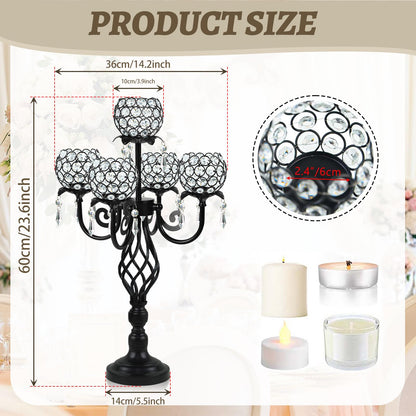 Kehail 5-Arm Crystal Candelabra Centerpiece 23.2" Tall - Elegant Candle Holder Stand with Crystal Bowl, Chic Table Decor for Weddings, Parties, Anniversary & Home Decoration (4, Black)
