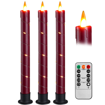 Da by 3 Pack Red Dripping Wax Flameless Candles, Realistic Dynamic Flame LED Taper Candles with Surrounding Fairy String Lights, Remote Control Battery Operated Candles for Home Wedding Holiday Decor