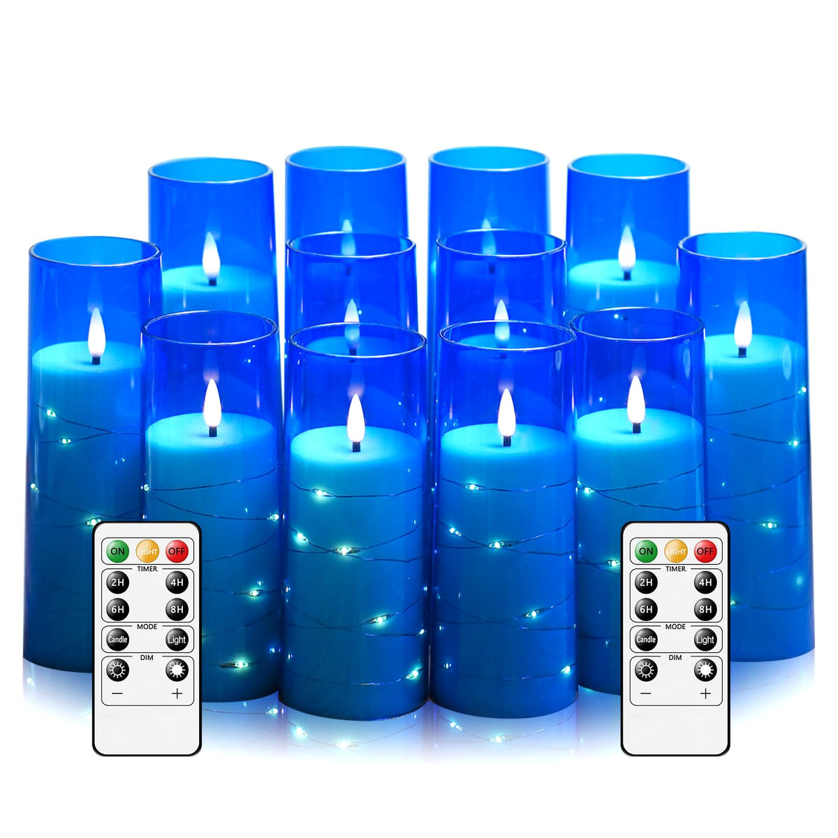 Sasigeiaa Flameless Candles with Embedded Star String - Battery Operated LED Candles, with Remote,12 Blue Flickering Candles for Christmas, Weddings, Home Decor & Party,(D 2.3"×H 5" 6" 7")