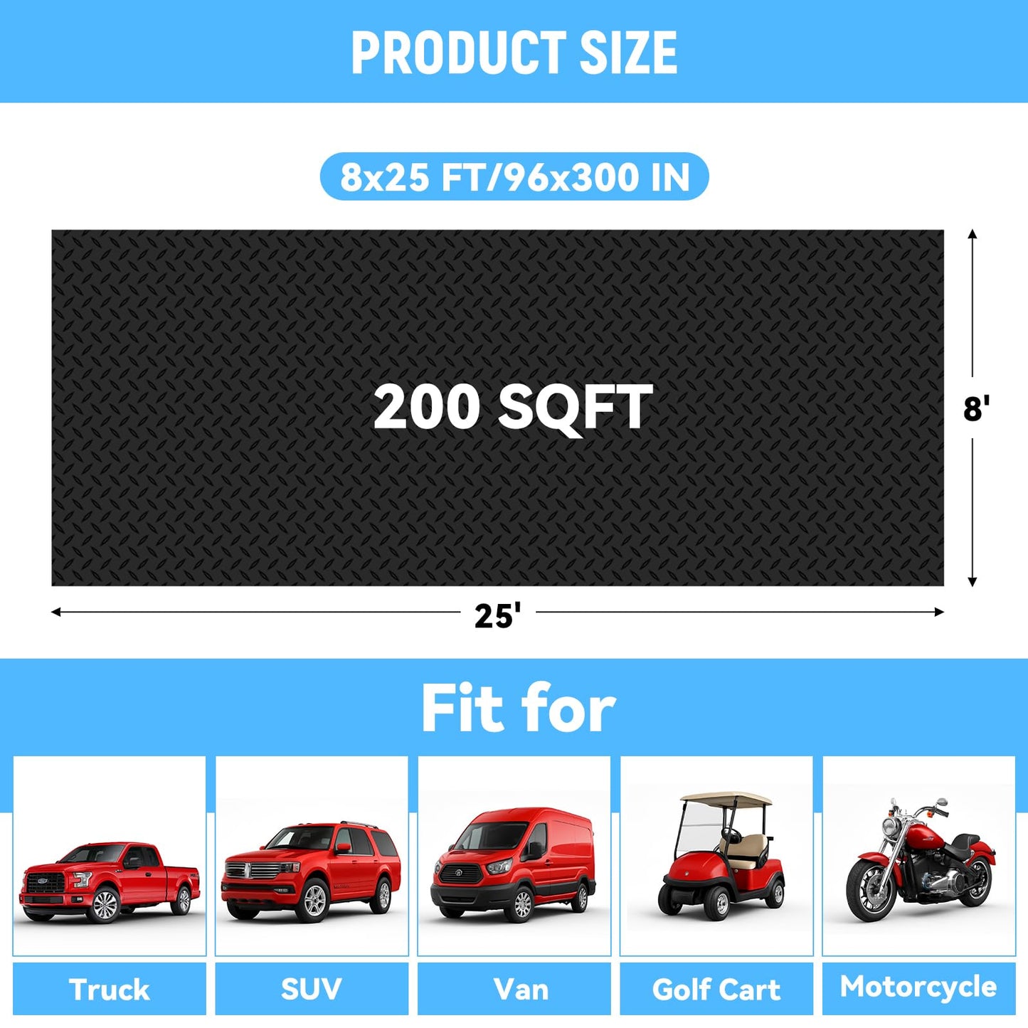 NarwooAuto 8x25 FT Garage Floor Mat, 2.8mm Thickened PVC Flooring Roll for Under Car, 200 SQFT Diamond Plate Black Garage Mats for Garage, Warehouse, Basement, Gyms, Trailer（Included Tapes）