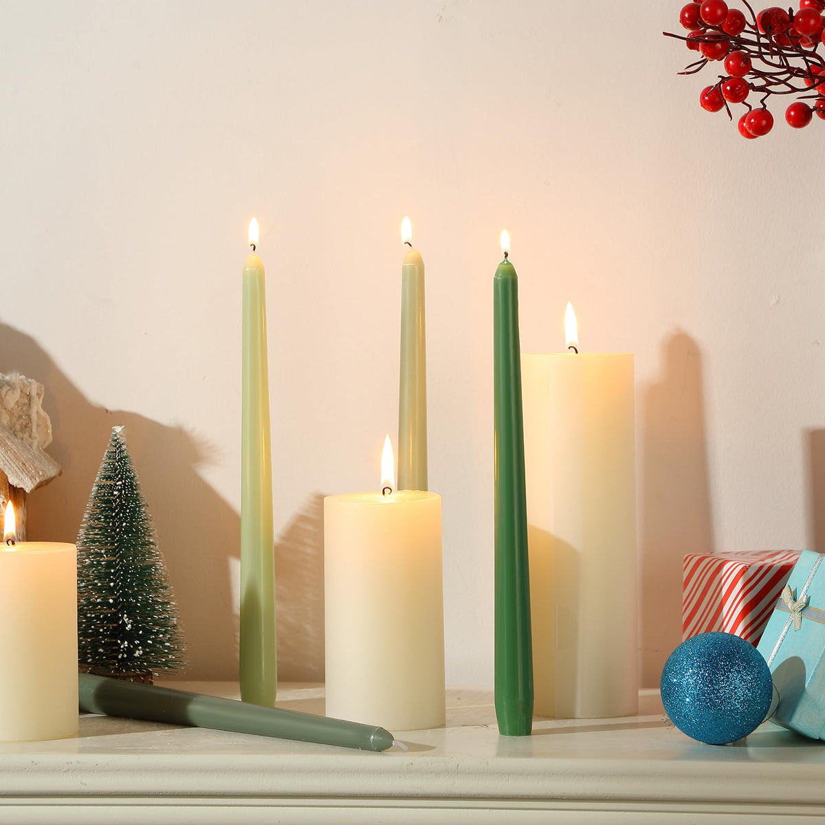 MTLEE 10 Inch Long Tapered Candle Stick Bulk Smokeless Unscented Burning Candlestick Paraffin Wax with Cotton Wick for 4th of July Dinner Anniversary Wedding Party Church(Gradient Green,16 Pcs)