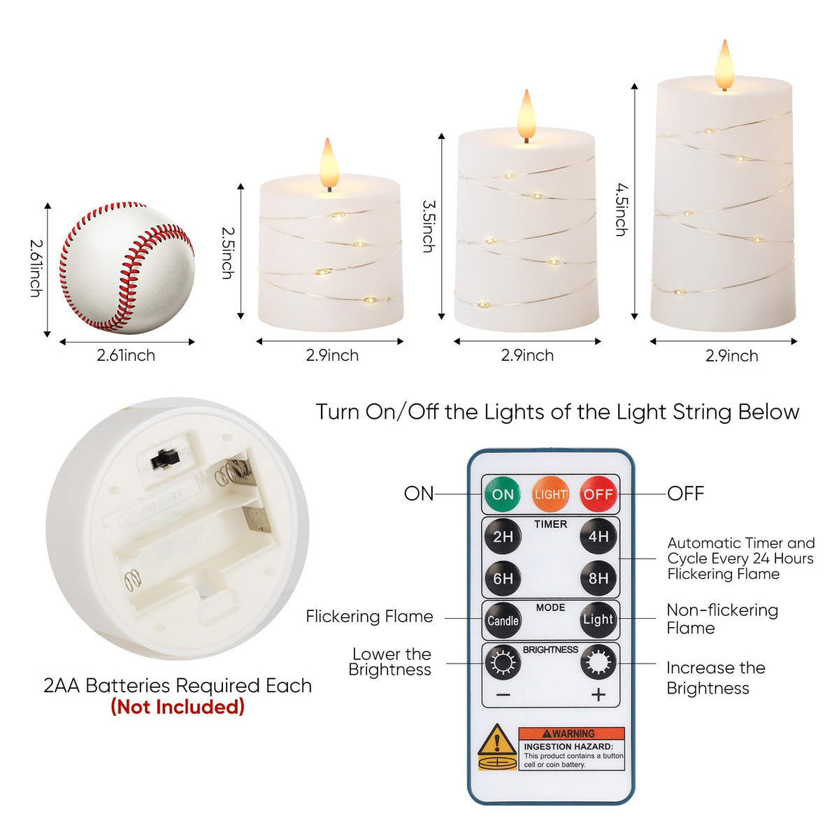 Raycare Flameless Candles with Remote Timer, Flickering Battery Operated LED Pillar Fake Candle with String Lights for Home Decor, Christmas, Wedding and Gift, White, Set of 3