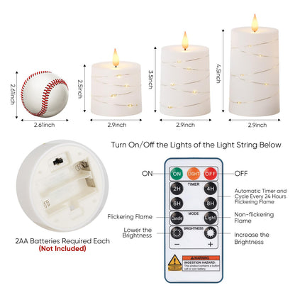 Raycare Flameless Candles with Remote Timer, Flickering Battery Operated LED Pillar Fake Candle with String Lights for Home Decor, Christmas, Wedding and Gift, White, Set of 3