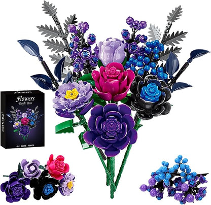 759 Pcs Purple Rose Flower Bouquet Building Set Botanical Collection Kit Artificial Fake Flowers Blocks Home Table Decor Aesthetic for Valentine's Day Birthday DIY Craft Floral Gift Without Vase