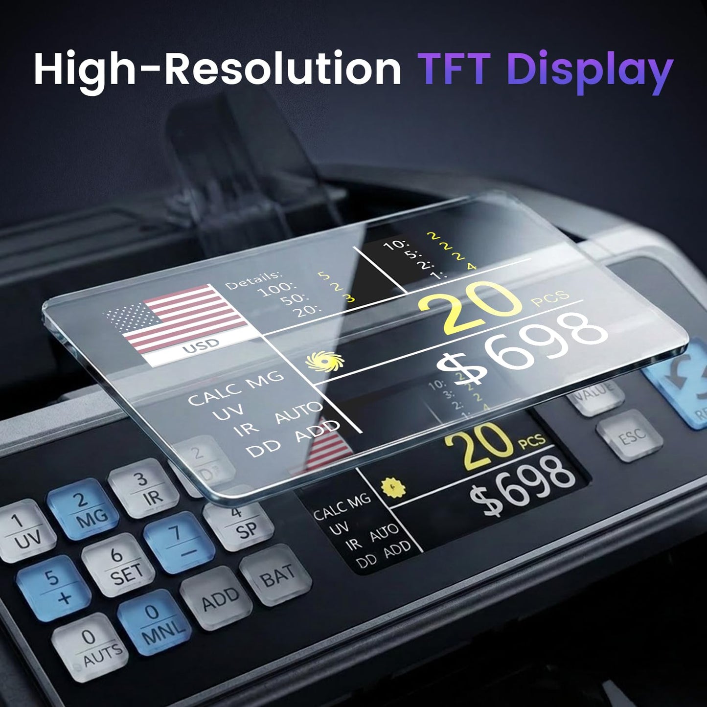 Aneken Money Counter with Value Counting, Top-Loading Bill Counter for USD/EUR/CAD, 3.5" TFT Display, Batch & Add Functions, 1,500 Notes/Min
