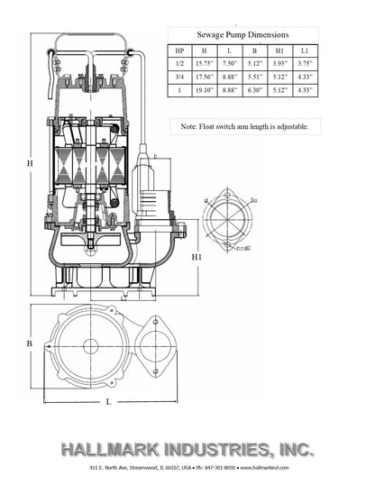 Sewage Pump, S.S, 3/4HP, 230V, 38' head, 5600gph. 20' Cable, Heavy Duty